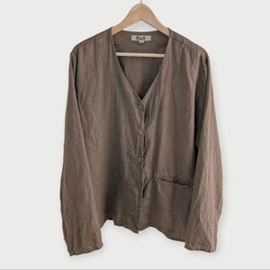 Flax Brown Button-Front Linen V-Neck Shirt Large